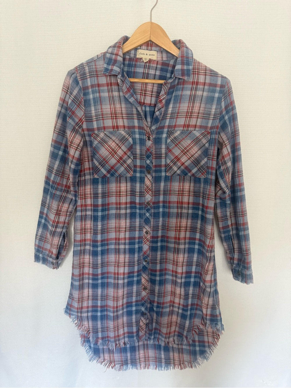 Anthropologie Cloth & Stone Frayed Hem Plaid Button Down Shirt Dress Blue XS